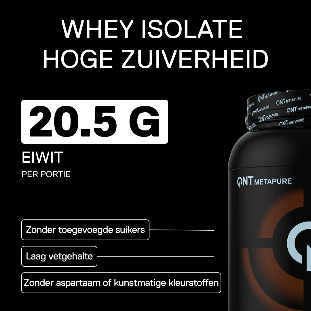 Infographic QNT Metapure Whey Isolate: gemakkelijk verteerbaar, spiermassa en minder suiker