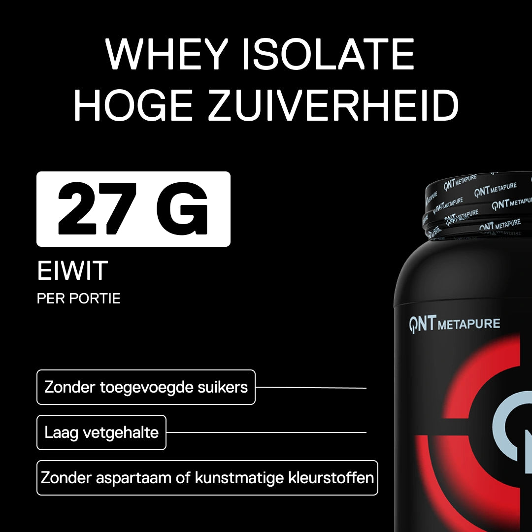Metapure Whey Isolate Zero QNT framboos whey isolate hoge zuiverheid 27g eiwit per portie
