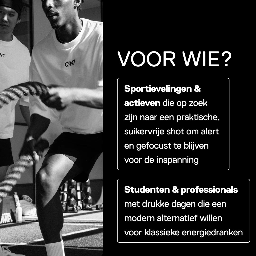Guaranashot QNT MOVE Guarana Kick Bitter Coffee, voor wie: sporters, actieve mensen, studenten en professionals die een praktische suikervrije shot willen