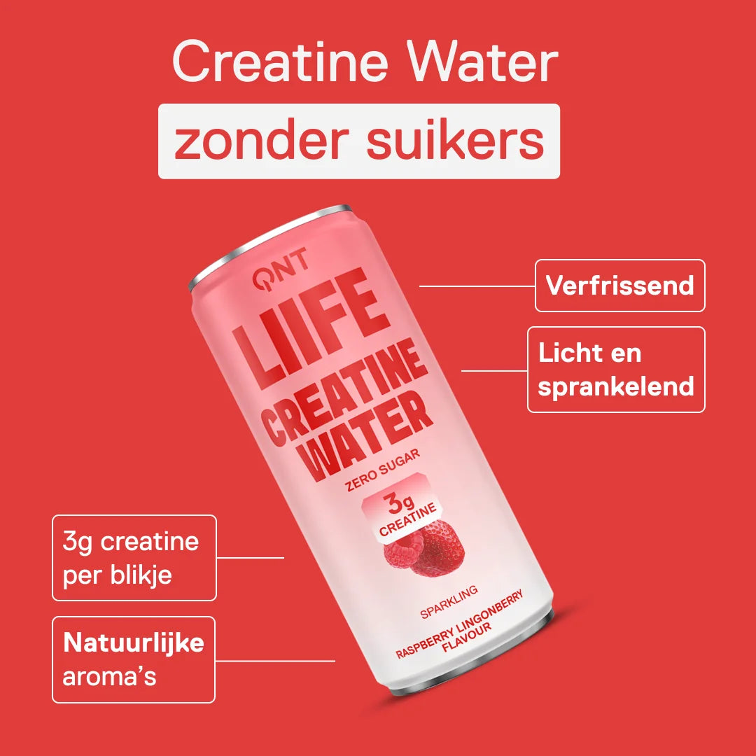 Blikje QNT LIIFE Creatine Water Raspberry Lingonberry zonder suikers — 3 g creatine per blikje, natuurlijke aroma's, licht en bruisend