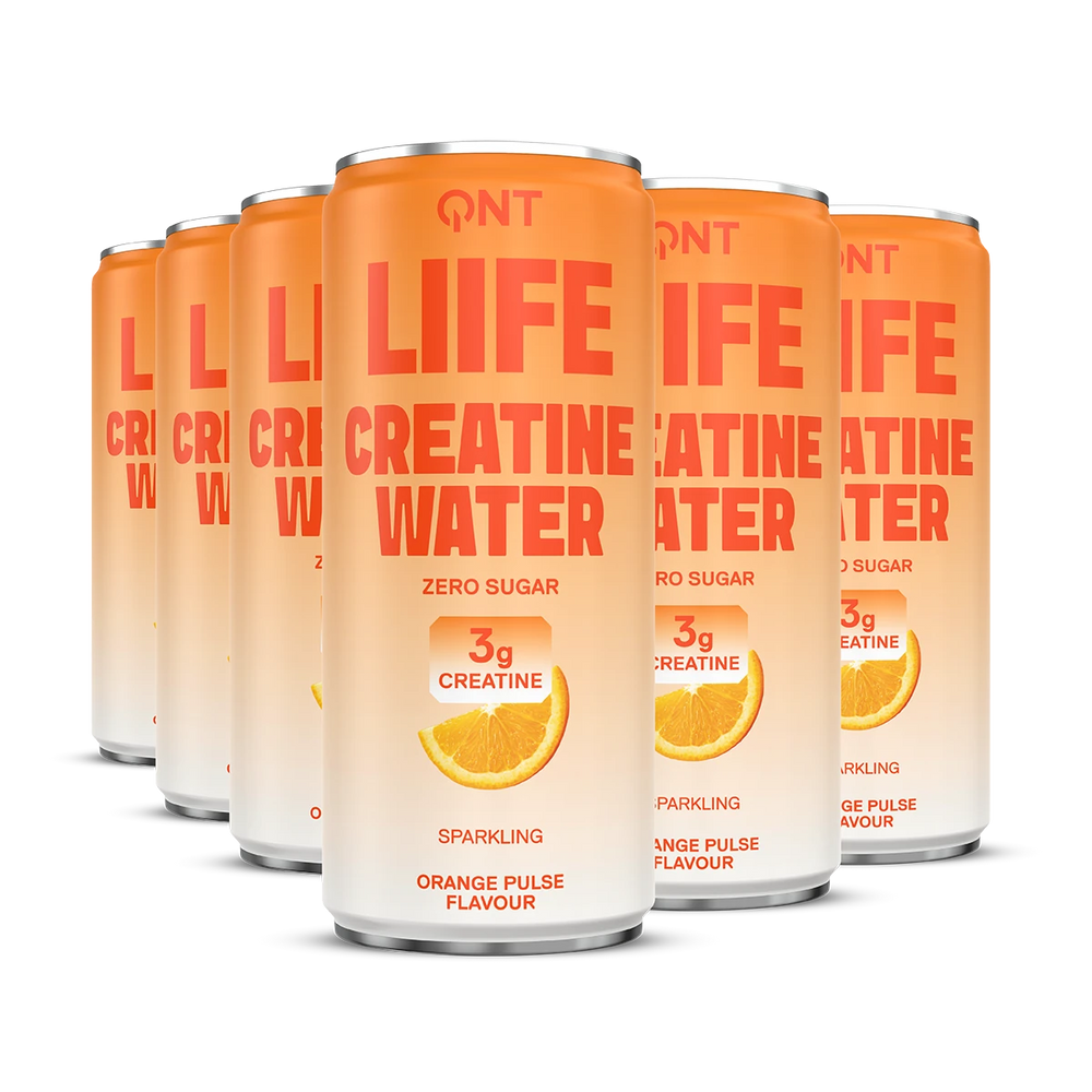 Pack de canettes QNT LIIFE Creatine Water Orange intense, boisson pétillante sans sucres avec 3 g de créatine par canette de 330 ml