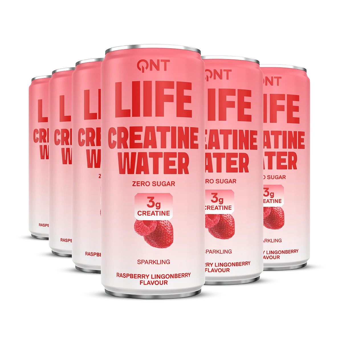 Pack de canettes QNT LIIFE Creatine Water Framboise et airelle rouge, boisson pétillante sans sucres, 3 g de créatine par canette
