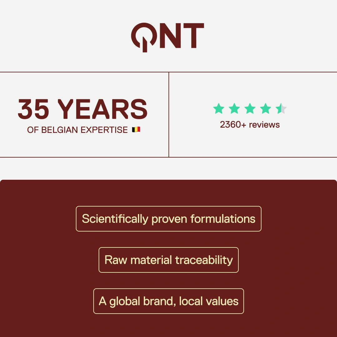 QNT - 35 years of Belgian expertise, over 2400 customer reviews, scientifically-backed formulas and full ingredient traceability
