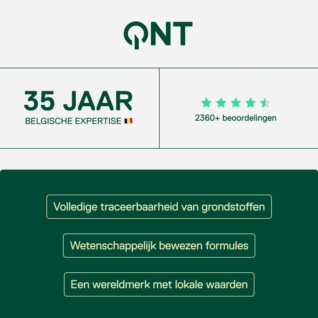 QNT - 35 jaar Belgische expertise, meer dan 2400 klantbeoordelingen, wetenschappelijk onderbouwde formules en traceerbaarheid van grondstoffen