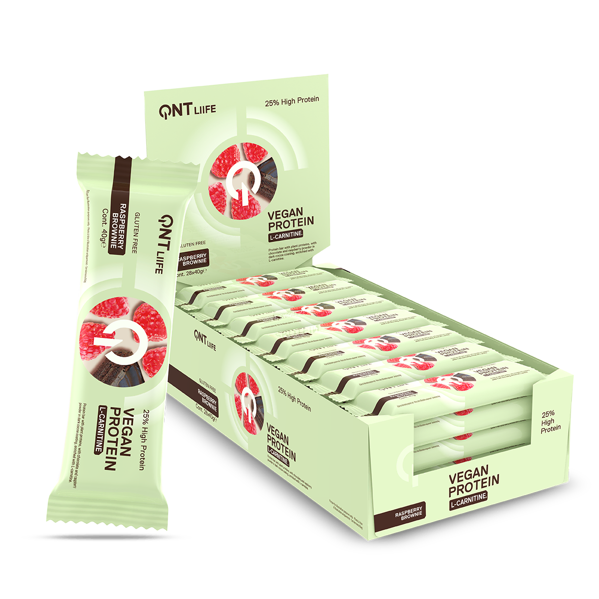 Barre protéinée végane QNT à la L-carnitine brownie framboise 40 g