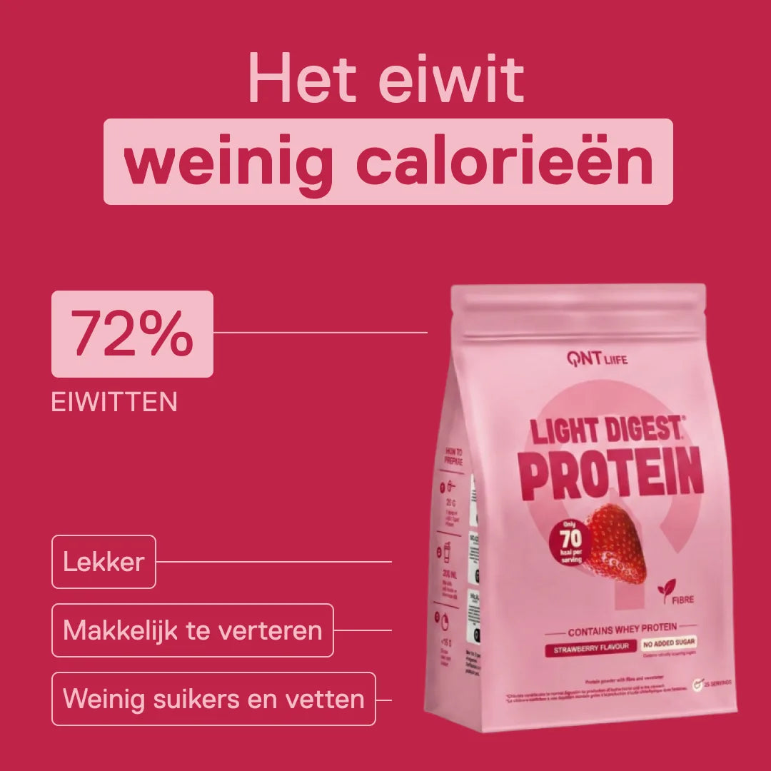 Light Digest Whey Protein QNT smaak Aardbei – het eiwit met weinig calorieën: 72% eiwitten, makkelijk te verteren, weinig suikers en vetten