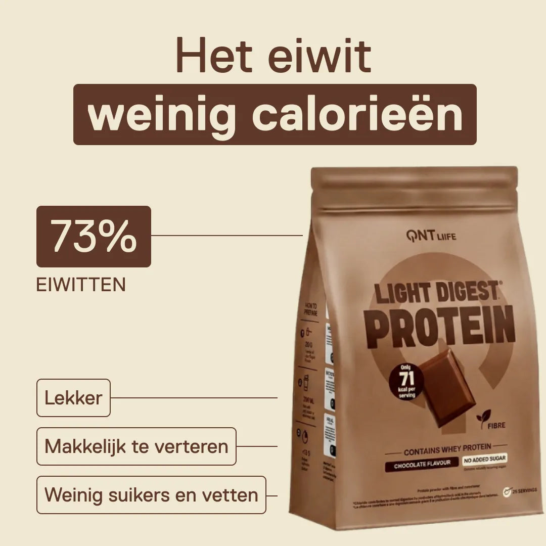 Light Digest Whey Protein QNT smaak Belgische chocolade – het eiwit met weinig calorieën: 73% eiwitten, makkelijk te verteren, weinig suikers en vetten