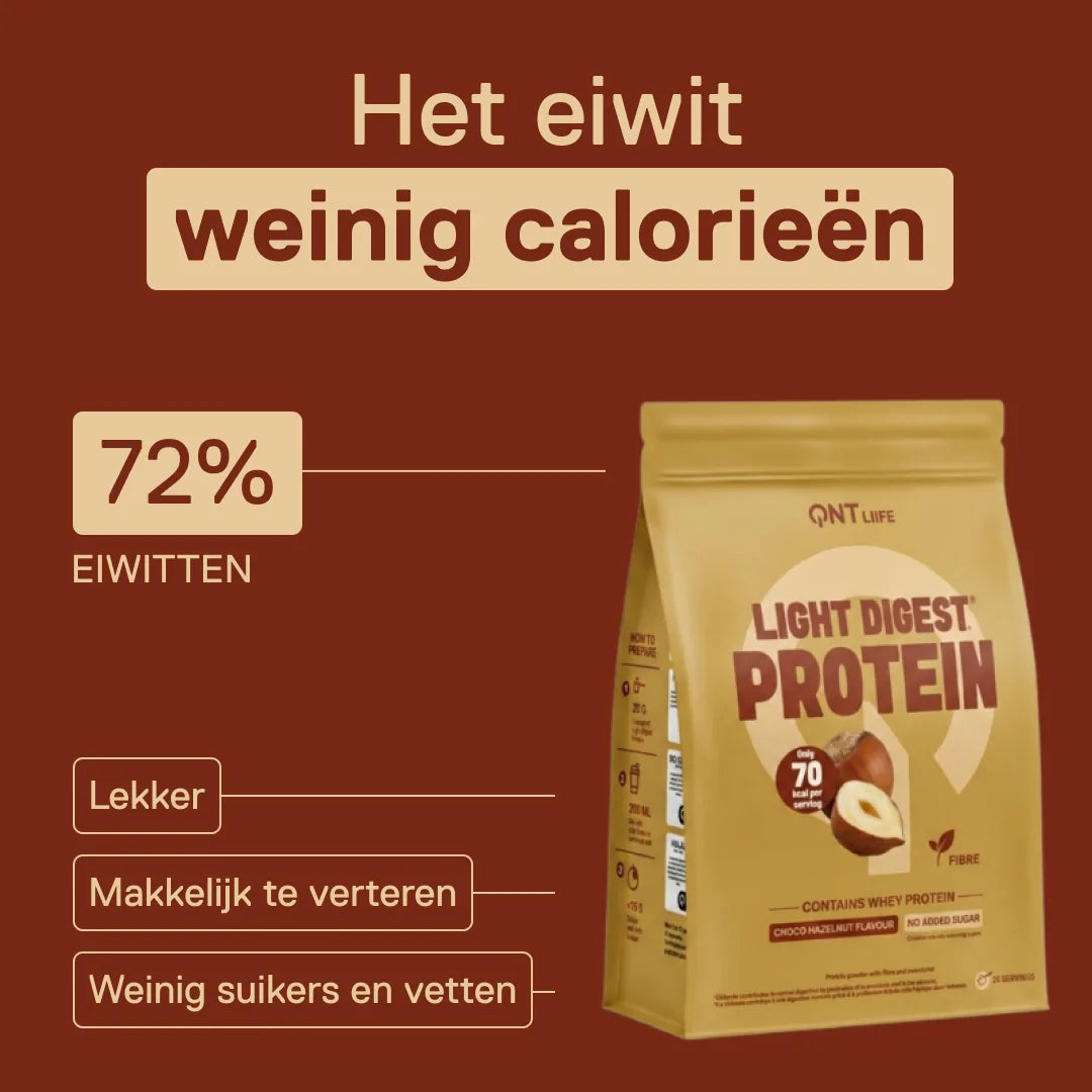 Light Digest Whey Protein QNT smaak Chocolade-hazelnoot – het eiwit met weinig calorieën: 72% eiwitten, makkelijk te verteren, weinig suikers en vetten