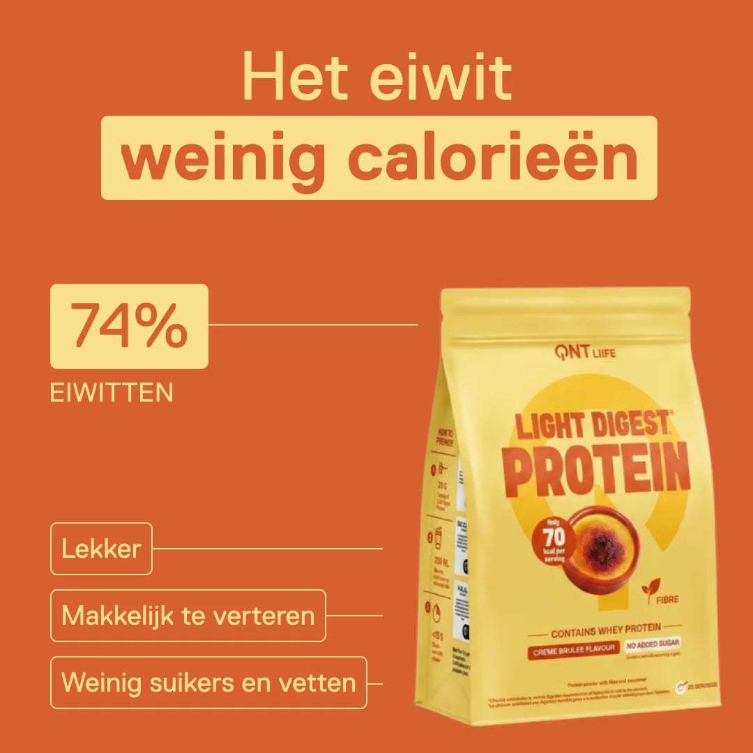 Light Digest Whey Protein QNT smaak Crème brûlée – het eiwit met weinig calorieën: 74% eiwitten, makkelijk te verteren, weinig suikers en vetten