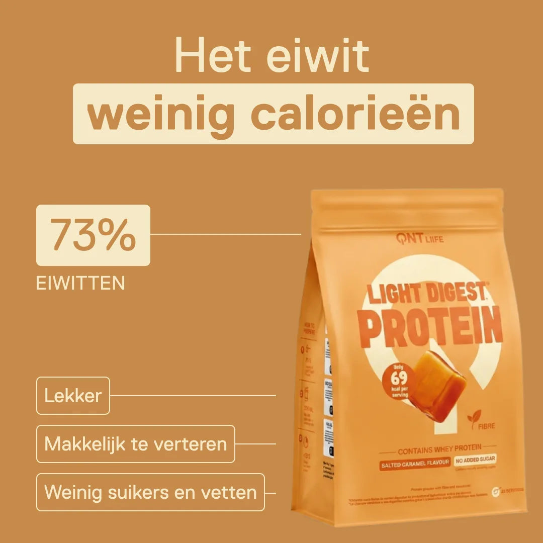 Light Digest Whey Protein QNT smaak Gezouten karamel – het eiwit met weinig calorieën: 73% eiwitten, makkelijk te verteren, weinig suikers en vetten