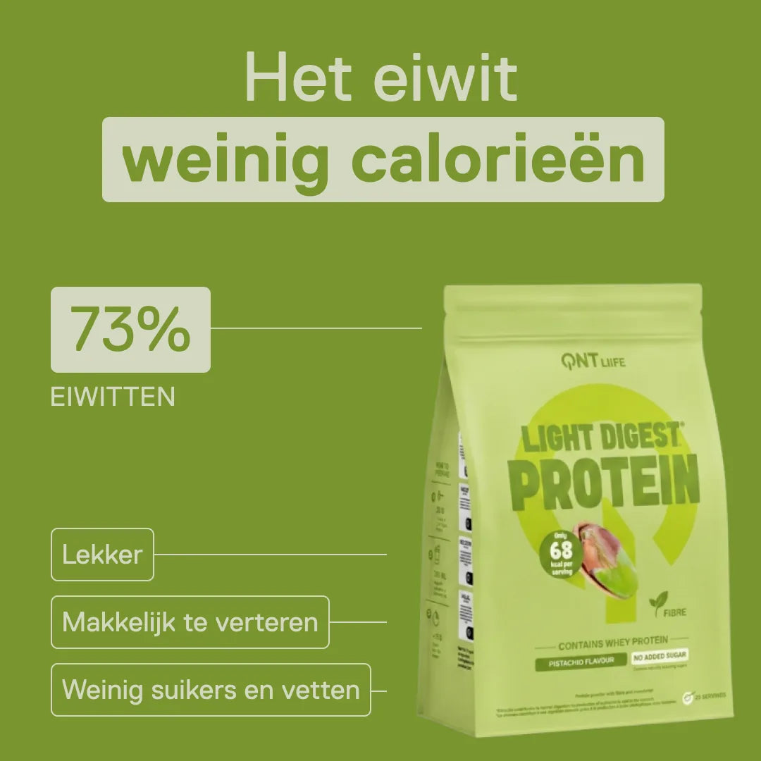 Light Digest Whey Protein QNT smaak Pistache – het eiwit met weinig calorieën: 73% eiwitten, makkelijk te verteren, weinig suikers en vetten