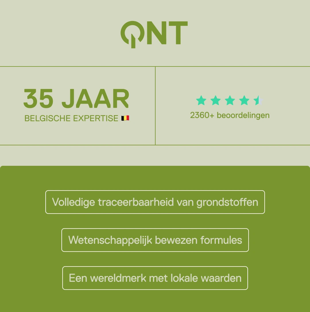 QNT – 35 jaar Belgische expertise, meer dan 2360 klantbeoordelingen, wetenschappelijk bewezen formules en volledige traceerbaarheid van grondstoffen