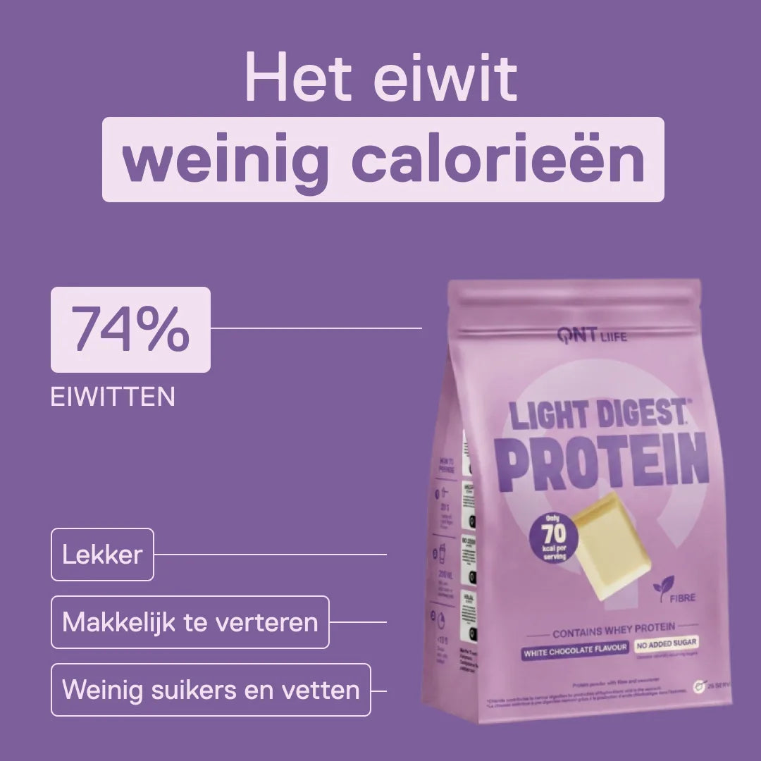 Light Digest Whey Protein QNT smaak Witte chocolade – het eiwit met weinig calorieën: 74% eiwitten, makkelijk te verteren, weinig suikers en vetten