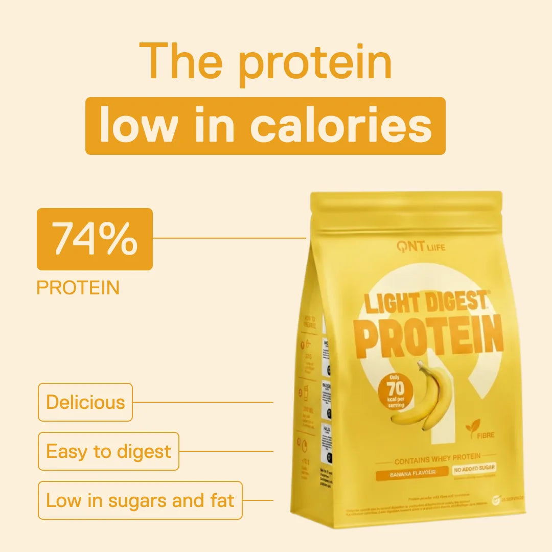 QNT Light Digest Whey Protein Banana flavour – the low-calorie protein: 74% protein, easy to digest, low in sugars and fat