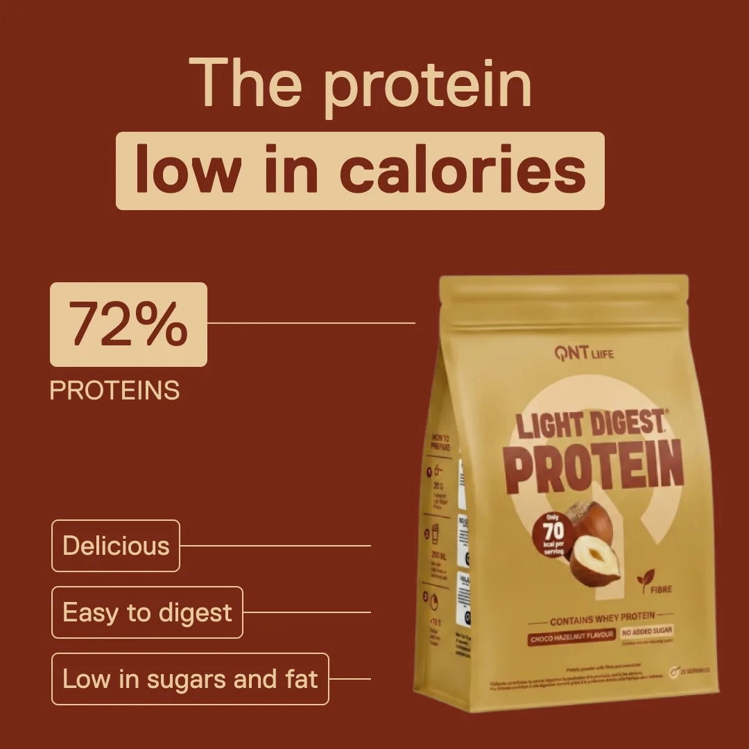 QNT Light Digest Whey Protein Chocolate Hazelnut flavour – the low-calorie protein: 72% protein, easy to digest, low in sugars and fat