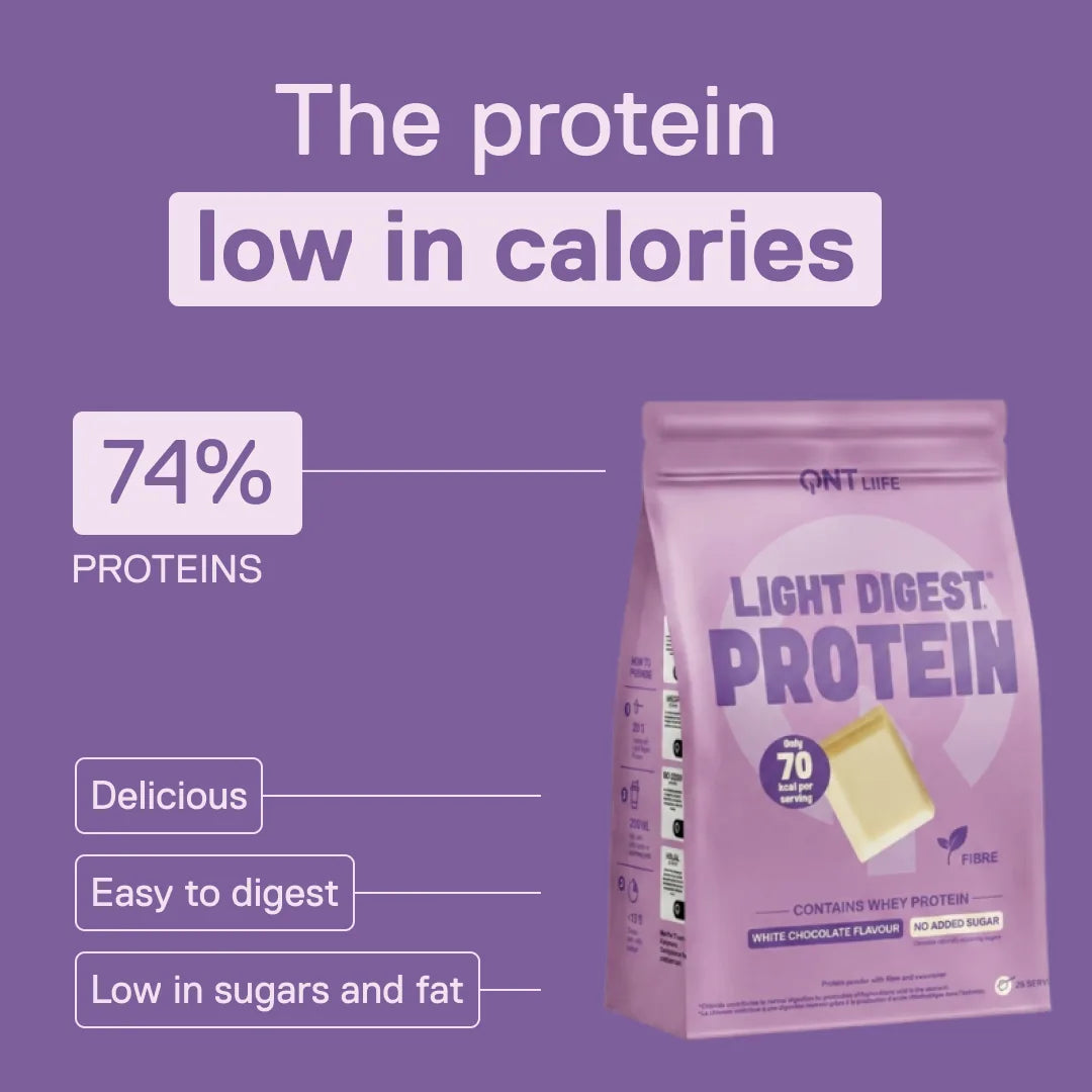 QNT Light Digest Whey Protein White Chocolate flavour – the low-calorie protein: 74% protein, easy to digest, low in sugars and fat