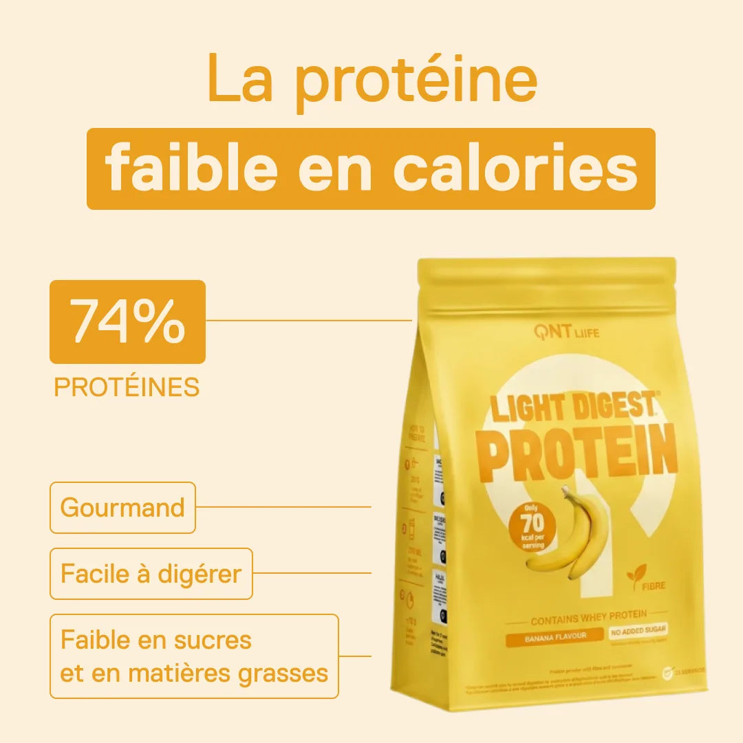 Light Digest Whey Protéine QNT saveur Banane – la protéine faible en calories : 74 % de protéines, facile à digérer, faible en sucres et en matières grasses