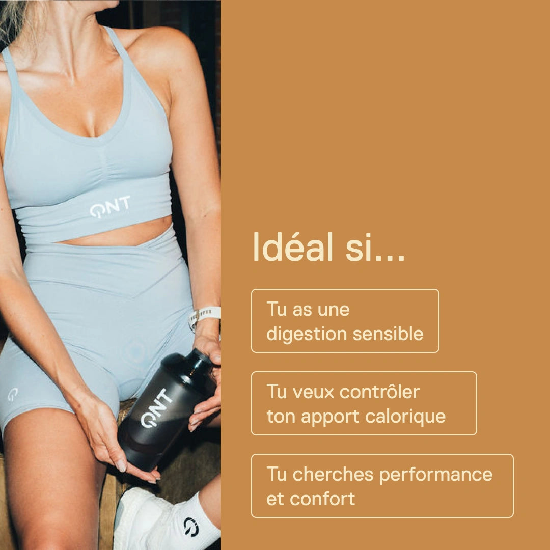 Light Digest Whey QNT Caramel beurre salé – idéale si tu as une digestion sensible, si tu veux contrôler ton apport calorique ou si tu cherches performance et confort