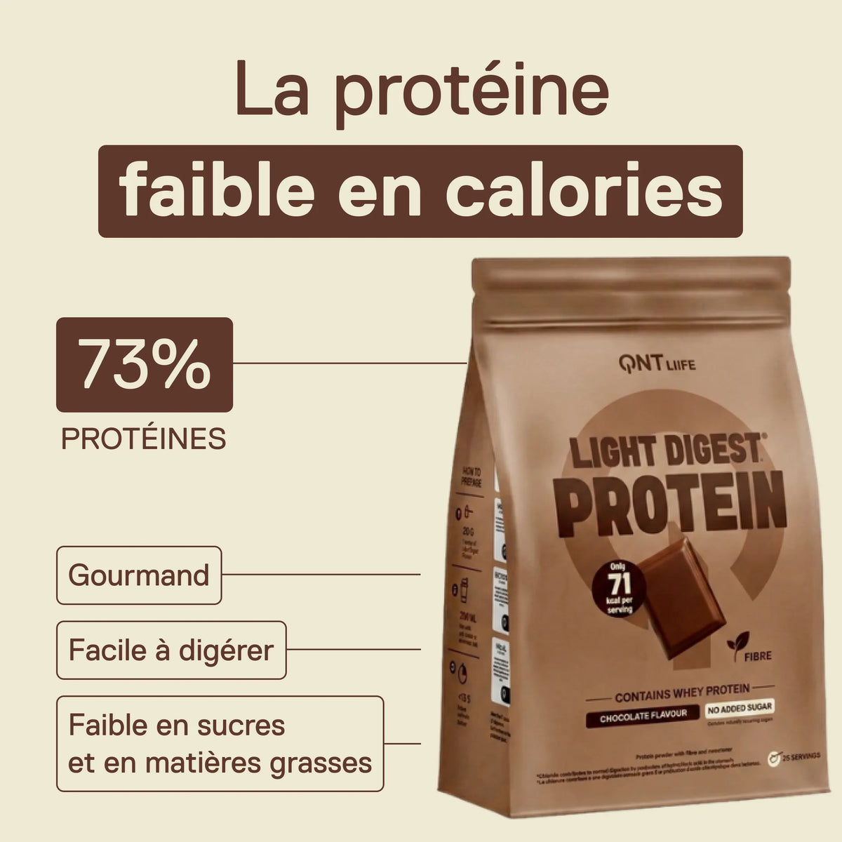 Light Digest Whey Protéine QNT saveur Chocolat belge – la protéine faible en calories : 73 % de protéines, facile à digérer, faible en sucres et en matières grasses
