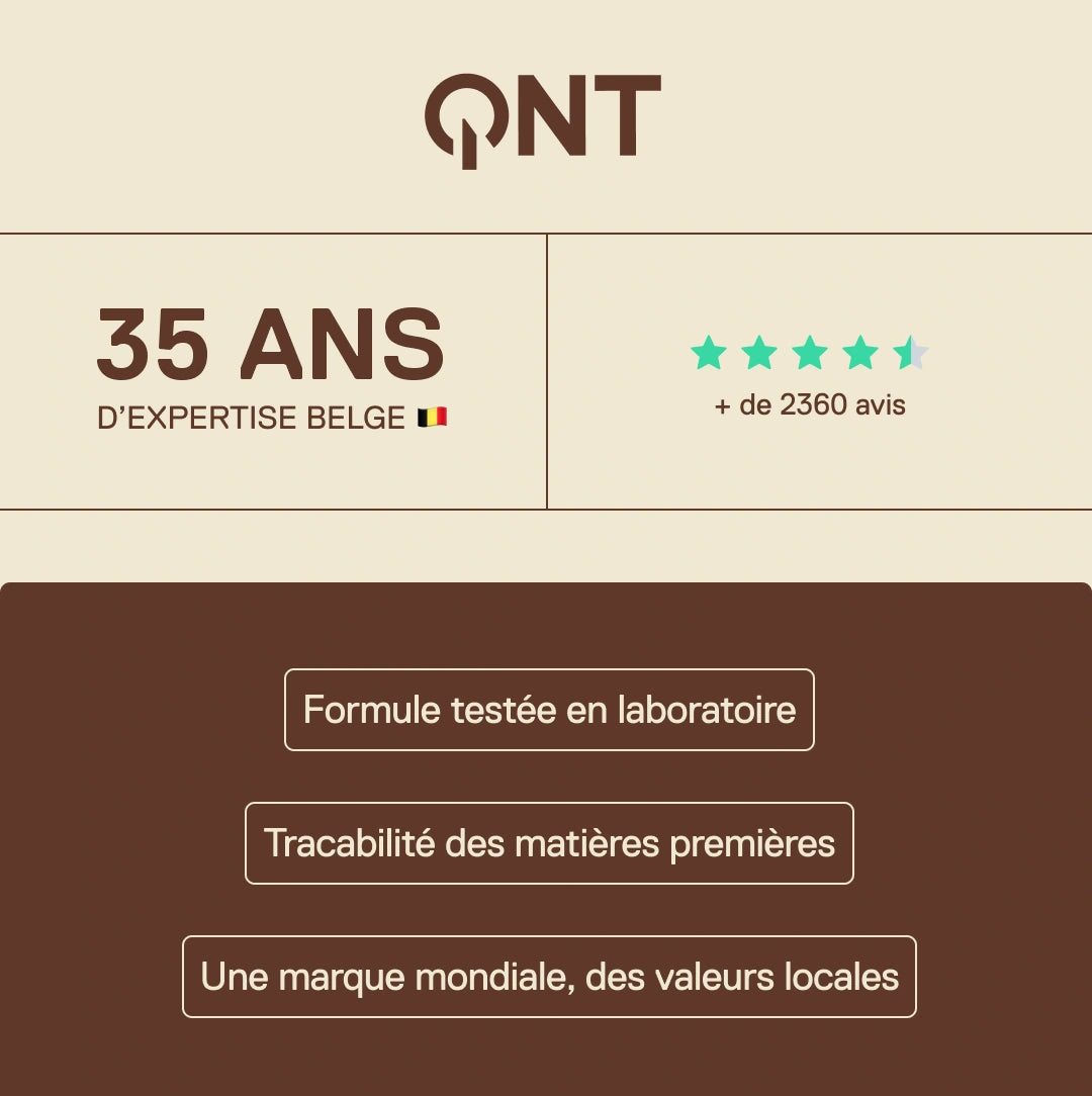 QNT – 35 ans d'expertise belge, plus de 2360 avis clients, formules testées en laboratoire et traçabilité des matières premières