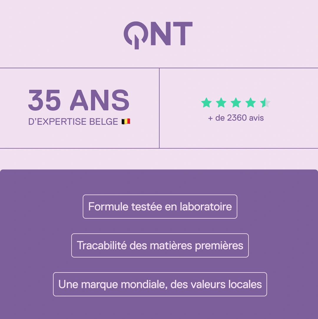 QNT – 35 ans d'expertise belge, plus de 2360 avis clients, formules testées en laboratoire et traçabilité des matières premières