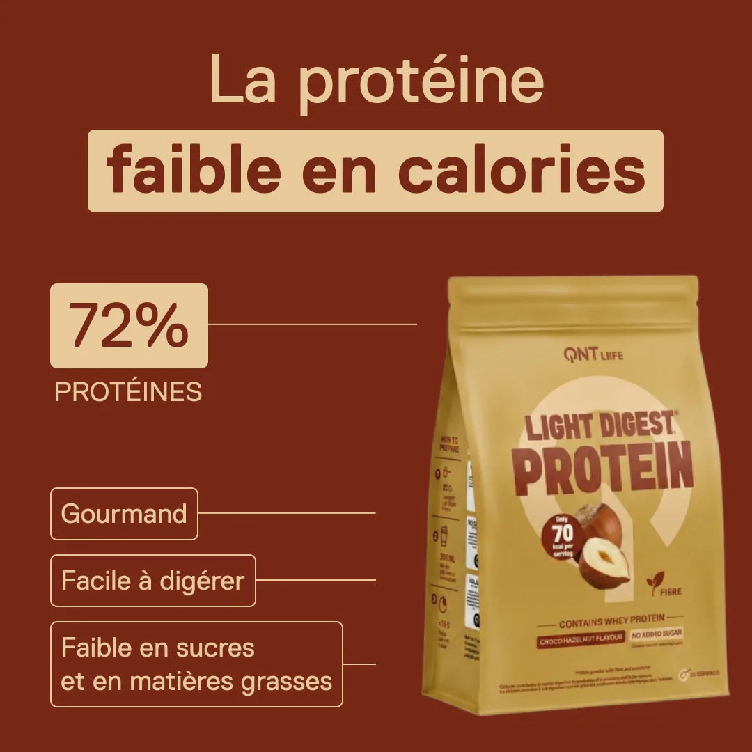 Light Digest Whey Protéine QNT saveur Chocolat noisette – la protéine faible en calories : 72 % de protéines, facile à digérer, faible en sucres et en matières grasses