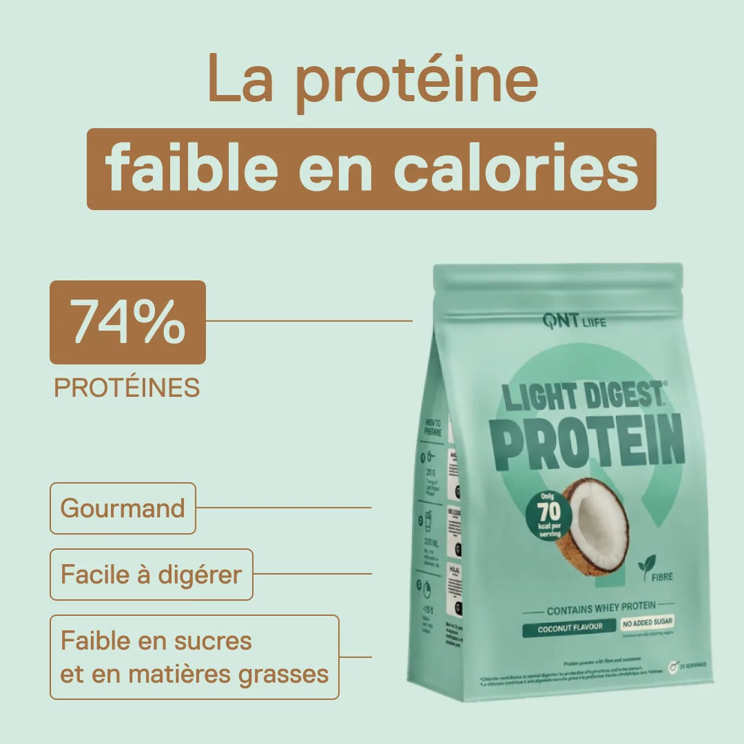 Light Digest Whey Protéine QNT saveur Coco – la protéine faible en calories : 74 % de protéines, facile à digérer, faible en sucres et en matières grasses