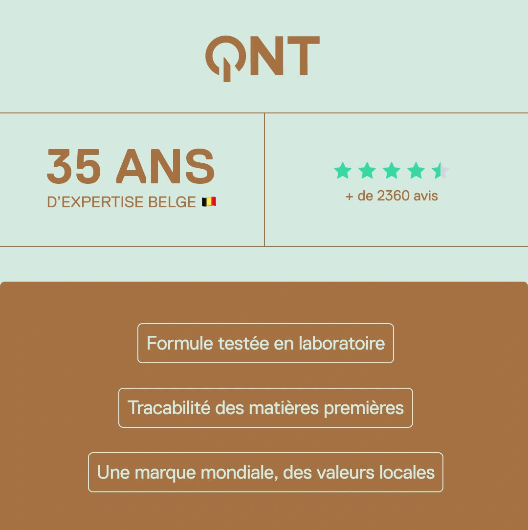 QNT – 35 ans d'expertise belge, plus de 2360 avis clients, formules testées en laboratoire et traçabilité des matières premières