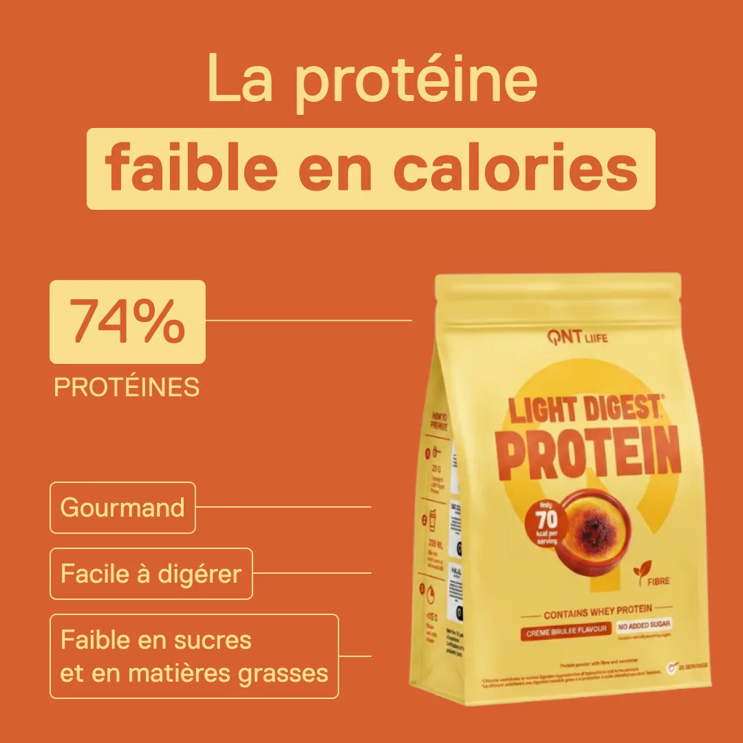 Light Digest Whey Protéine QNT saveur Crème brûlée – la protéine faible en calories : 74 % de protéines, facile à digérer, faible en sucres et en matières grasses
