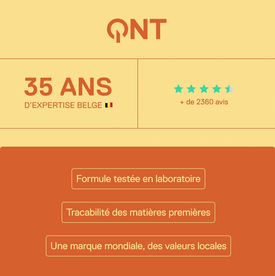 QNT – 35 ans d'expertise belge, plus de 2360 avis clients, formules testées en laboratoire et traçabilité des matières premières