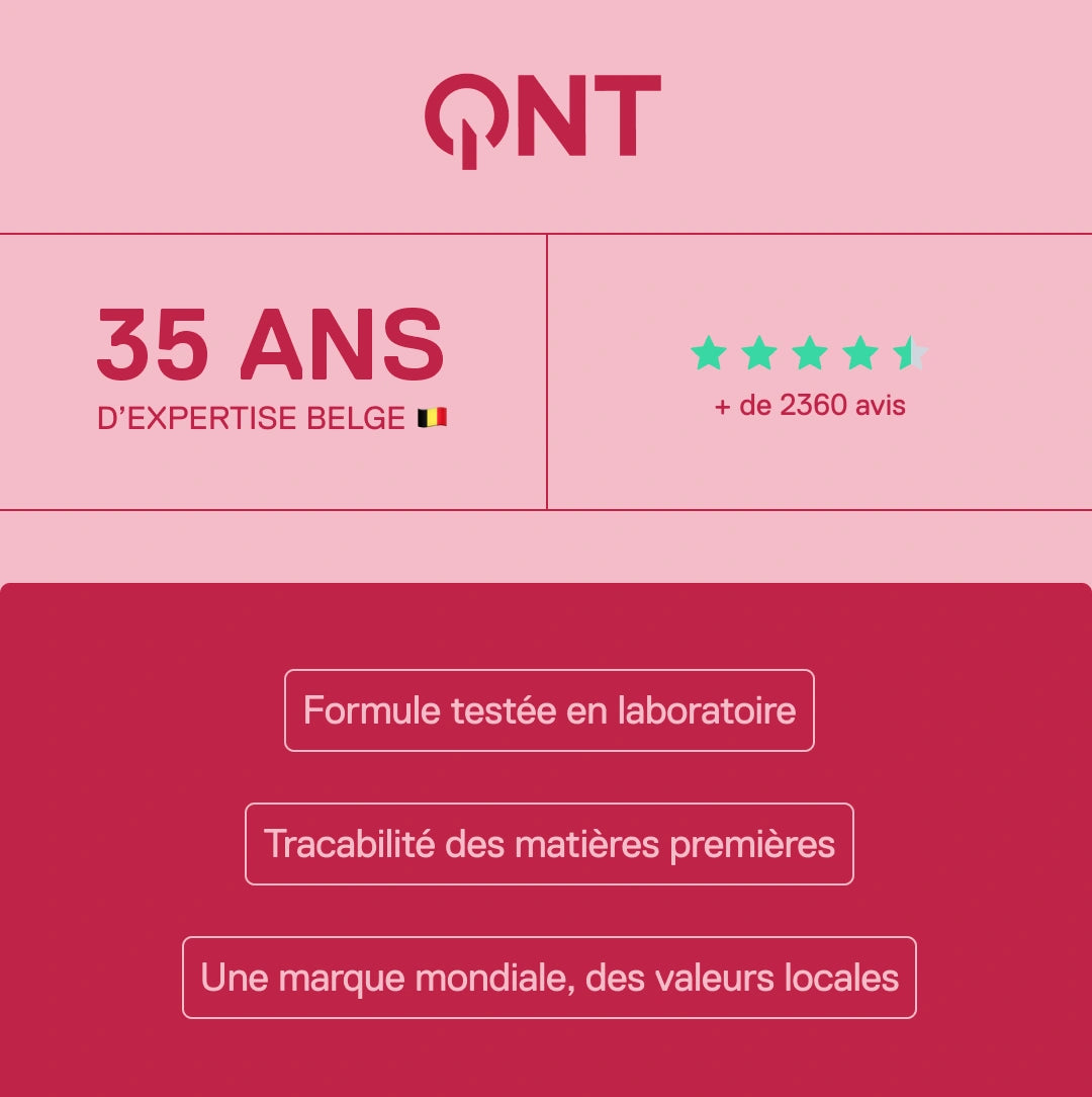 QNT – 35 ans d'expertise belge, plus de 2360 avis clients, formules testées en laboratoire et traçabilité des matières premières