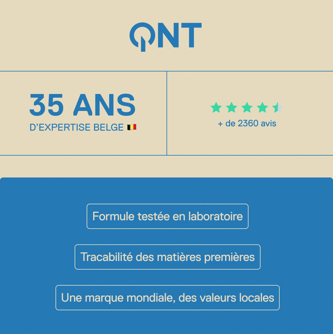 QNT – 35 ans d'expertise belge, plus de 2360 avis clients, formules testées en laboratoire et traçabilité des matières premières